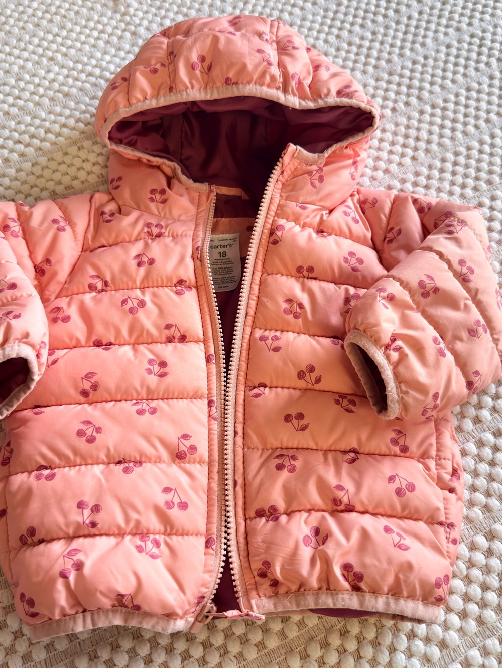 Carter's Pink Puffer Hooded Jacket with Cherry Print